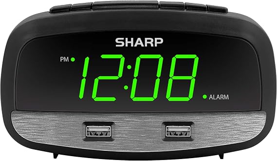 Sharp Digital Alarm Clock, Dual USB Fast Charge Ports, Green LED Display