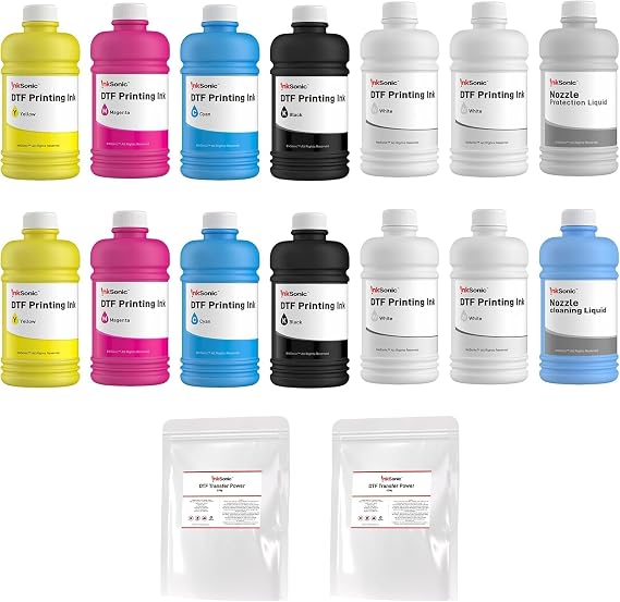 InkSonic DTF Printer Supplies Kit, 12 Pack 250mL CMYKWW Ink, 1kg Powder