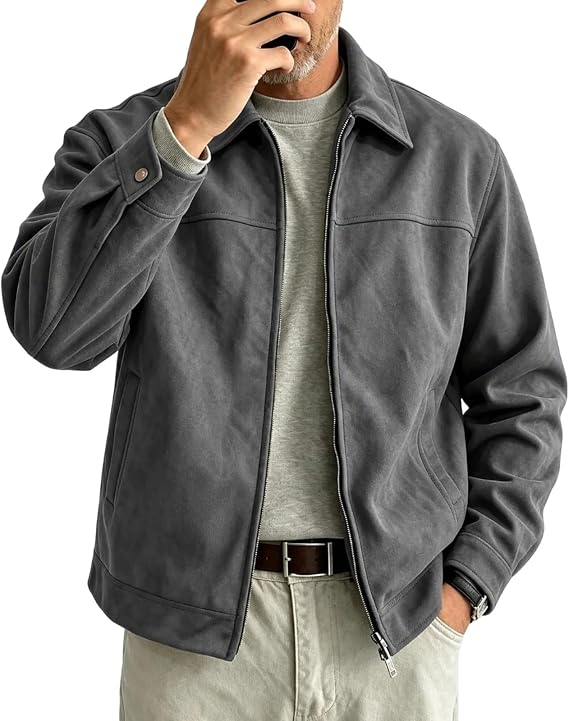 Men's Faux Suede Jacket Full Zip Coat Vintage Lightweight Bomber Jackets