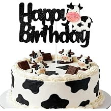 Cow Happy Birthday Cake Topper - Black Glitter Farm Animal Cake Decoration for Baby Shower Cow Theme Birthday Party Cake Decor Supplies
