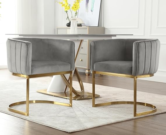 Kmax Velvet Dining Chairs Set of 2 Modern Barrel Arm Chairs with Golden Frame Upholstered Kitchen Chairs for Living Room, Dining Room, Hotel, Grey