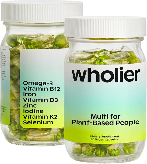 wholier Multi for Plant Based People Vegan DHA Omega 3 B12 Iron 60 Capsules
