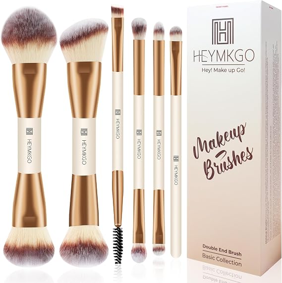 HEYMKGO Makeup Brushes 6-Piece Double End Brush Professional Foundation Contour Powder Blush Highlight Concealer Eyeshadow Makeup Brush Set for Liquid, Cream, Powder Cosmetic Tools