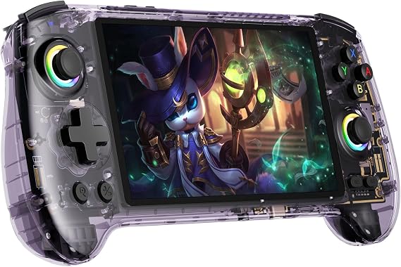 RG557 Retro Handheld Game Console , 5.48 Inch AMOLED Screen Handheld Emulator Preloaded 4423 Games Android 14 System Dimensity 8300 Processor Support WiFi 6E Bluetooth 5.3(Transparent Purple)