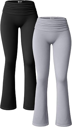OQQ Women's 2 Piece Flared Pants Ribbed Fold Over Kick Ruched Stretch High Waist Casual Wide Leg
