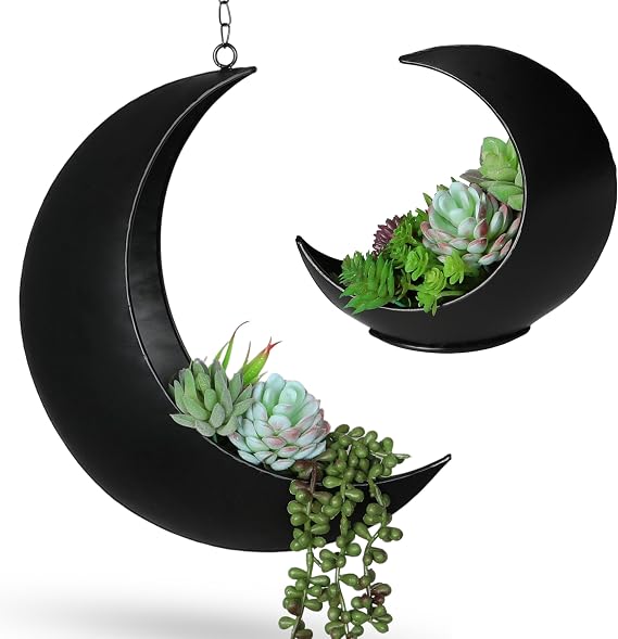Moon Planter Bundle: Hanging Moon & Table Planter- Candle Holder, Boho, Witchy Decor - Gifts for Women, Birthdays, Plant Lovers - Unique Planters for Succulents, Air Plants, Cacti, Artificial Plants