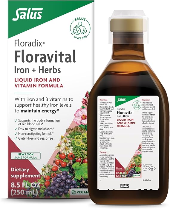 Floradix Floravital Liquid Iron Supplement, Vegan, Gluten-Free, 8.5 Fl Oz