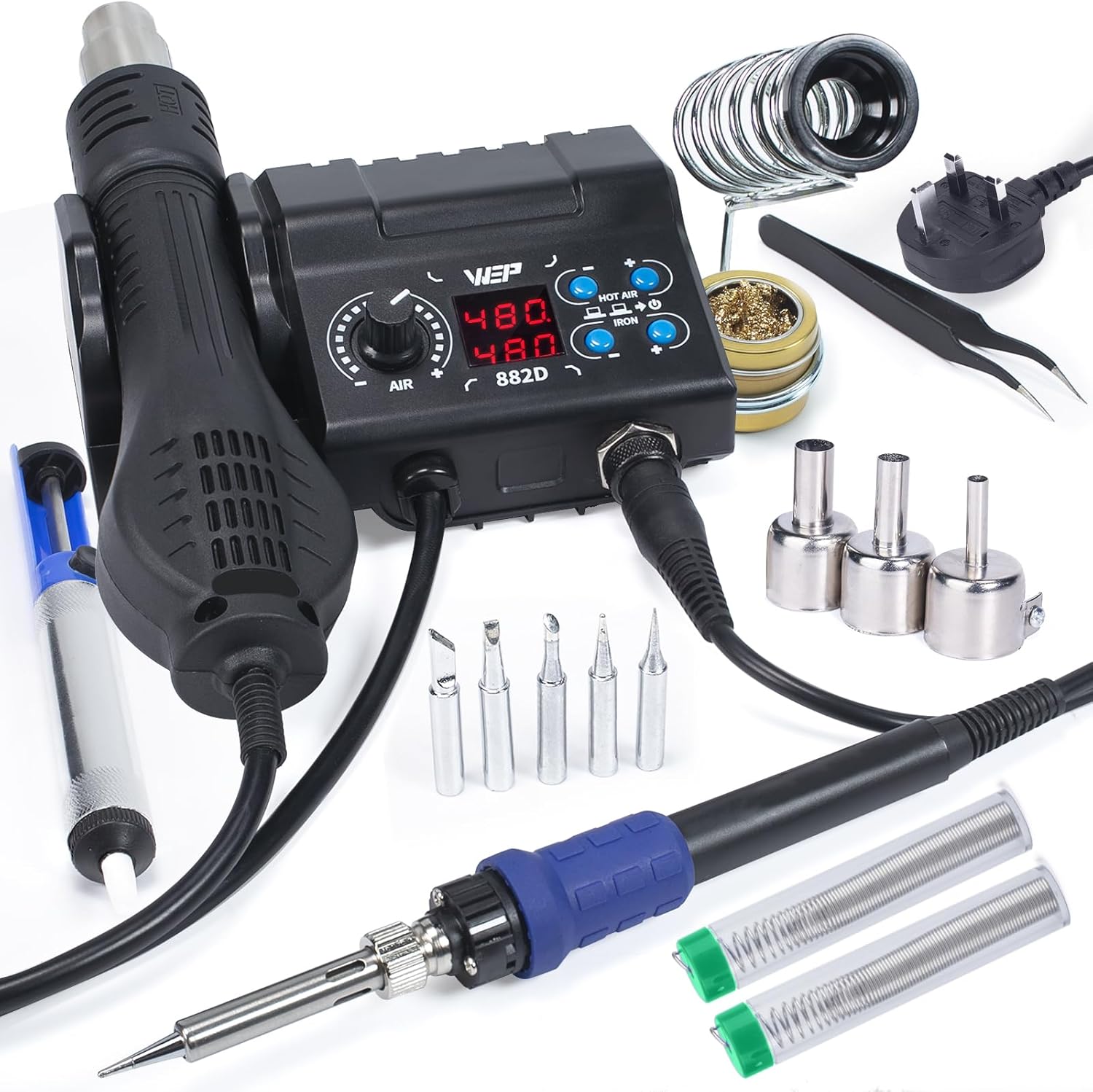 WEP 882D Soldering Iron Station 2-in-1 SMD Hot Air Soldering Station with 2 Spools of Solder Wire, 5 Soldering Tips, 3 Hot Air Nozzles, Brass Wool Tip Cleaner, Tweezers, Desoldering Pump UK Plug