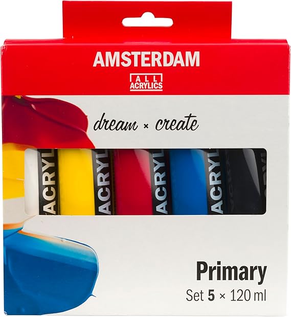Amsterdam Standard Series Acrylic Paint Set | Color Theory Mixing Set (5 x 120 ml Tubes) | Primary Colors + Black & White | Acrylic Paint with Non-Fading Pigment, Quick Drying Time, Uniform Finish, Water-Based Formula