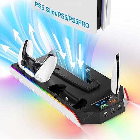 PS5 Cooling Station Stand RGB with Dual Controller Charging Station for PlayStation 5 Console, PS5 Accessories Incl. Controller Charger, Cooling Fan, Headset Holder, 3 USB Hub