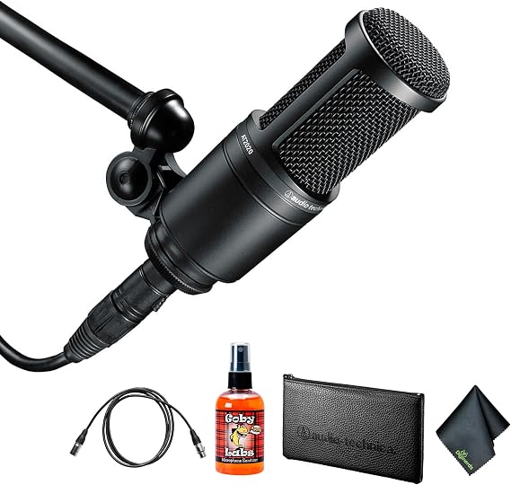 Audio-Technica AT2020 Cardioid Condenser Microphone (Black) + Microfiber Cleaning Cloth + Goby Labs Microphone Cleaner + 10 Ft XLR Cable