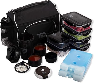 TO GO Meal Prep Bag Insulated Lunch Meals Bag W6 Portion Control Containers,2 ICE PACKS, Shaker, Pill Box,With an Adjustable shoulder. bag for meals Black