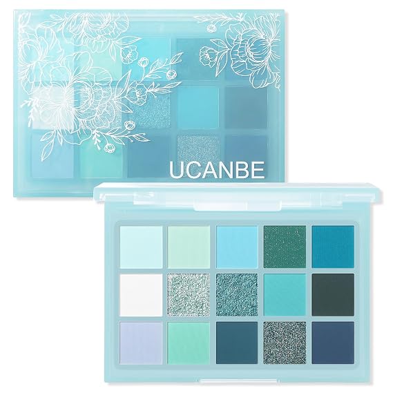 UCANBE 15 Color Eyeshadow Palette Shimmer Matte Glitter Metallic Cool Tones Shades in White, Blue, Green, Mint, Teal, Navy High Pigemented Blendable Eye Makeup Palette Kit