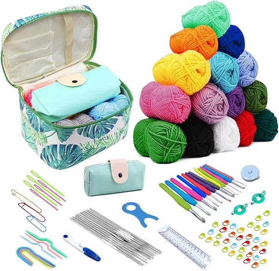 Crochet Hooks Set, 113 PCS Crochet Kits for Beginners Adults, 15Pcs 25g Colorful Yarn Balls with 0.6-9.0mm Starter Kits, Ergonomic Metal Hooks Include Storage Bag & Storage Case