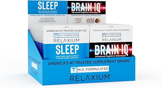 Relaxium Sleep & Brain IQ Capsules Travel Pack Doctor Formulated Sleep Aid & Nootropic Brain Support Melatonin, GABA, Ashwagandha Focus & Rest Support 24 Pouches - 6CT Each