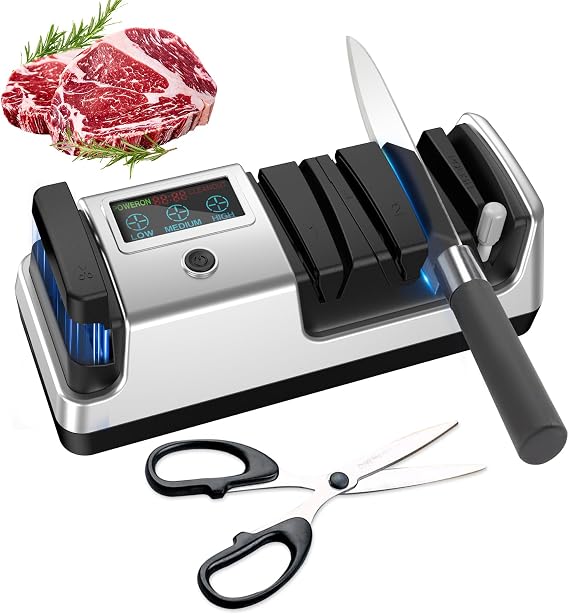 Upgrade 5-in-1 Electric Knife Sharpener, Professional 3-Stage with LCD Screen, 100% Diamond Abrasives, 3 Rotational Speed Adjustable, knife sharpener for Straight, Serrated, Meat Cleaver, Scissors
