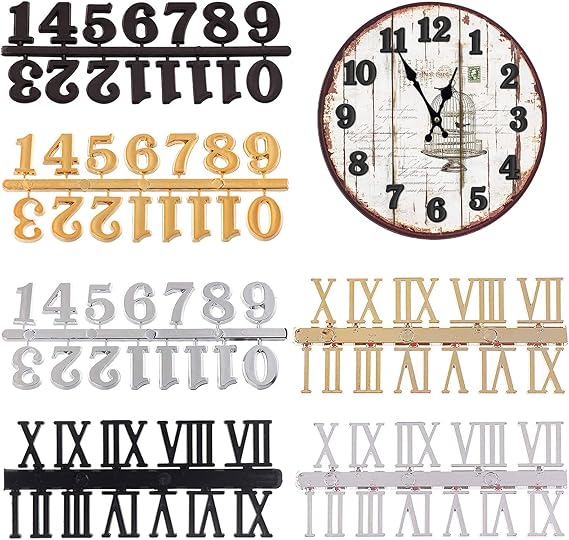Clock Numerals Kit DIY Digital Clock Numbers Arabic Number and Roman Number for Clock Hands Replacement Parts Clock Accessories in Black Silver Gold (6 Pieces)