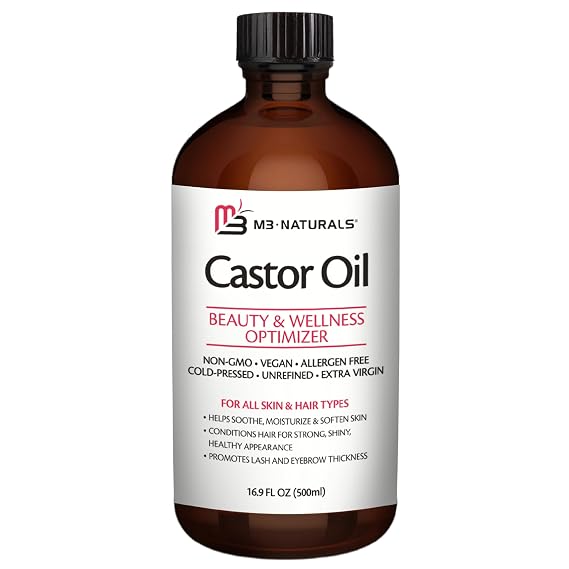 100% Pure Organic Castor Oil for Hair, Lash and Eyebrow Growth, Lymphatic Drainage, Stomach Discomfort and Skin Hydration | Hexane-Free, Cold Pressed and Unrefined in a 16.9 fl oz (500ml) Glass Bottle