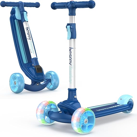 besrey 3 Wheel Scooter for Kids Ages 3-10 with 4 Adjustable Height | LED Light Wheels, Foldable Toddler Scooter, Extra Deck, Lean-to-Steer Design, Sturdy and Safe
