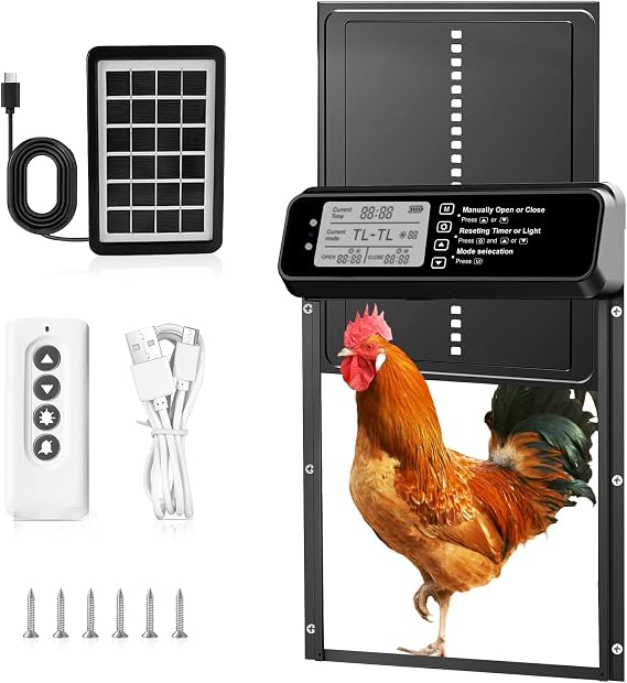 Automatic Chicken Coop Door Solar Powered, Auto Chicken Coop Door with Timer & Light Sensor, Aluminium Chicken Door with Anti-Pinch Safety, Weatherproof Coop Door for Chickens and Ducks
