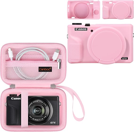 Canboc Hard Case for Canon PowerShot G7X Mark III Bundle with G7X Mark III Soft Silicone Cover, Pink