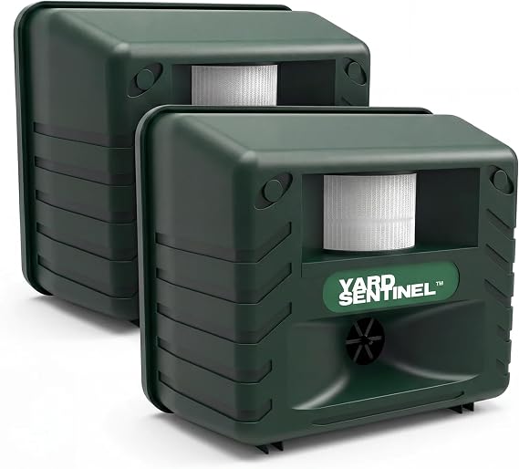 ASPECTEK Includes AC Adapter, Extension Cord Pest Repeller Yard Sentinel 2 Pack Outdoor Ultrasonic Animal Control, Green, Sound Frequency:15 kHz -18 kHz