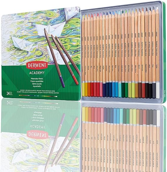 Derwent Academy Watercolour Pencils for Drawing and Painting, Tin of 24 | Premium watercolour pencils in a spectrum of 24 must-have colours. Use wet or dry for colouring, drawing & illustration