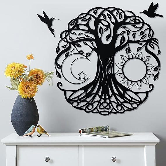 Metal Tree of Life Wall Art-Black Tree of Life Wall Decor and 2Pcs Birds Wall Art Norse Decor Family Tree Living Room Decor Outdoor Decoration with Birds Wall Art (Black-18in)