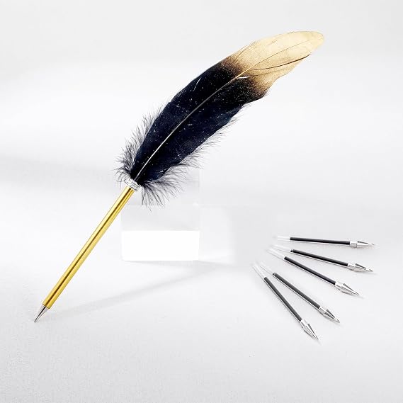 Vintage Feather Allpoint Pen with 5 Replacement Refills,Refined Quill Pen for Writing Signatures, Letter, Journaling, or Calligraphy-Inspired ProjectsBlack