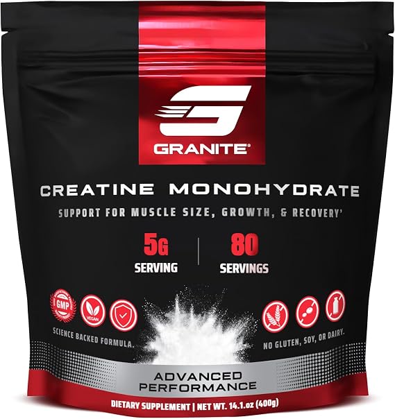 Granite Creatine Monohydrate, Supports Strength, Endurance, Muscle Recovery, Creatine for Men & Women, Soy-Free, Dairy-Free, Gluten-Free (80 Servings)