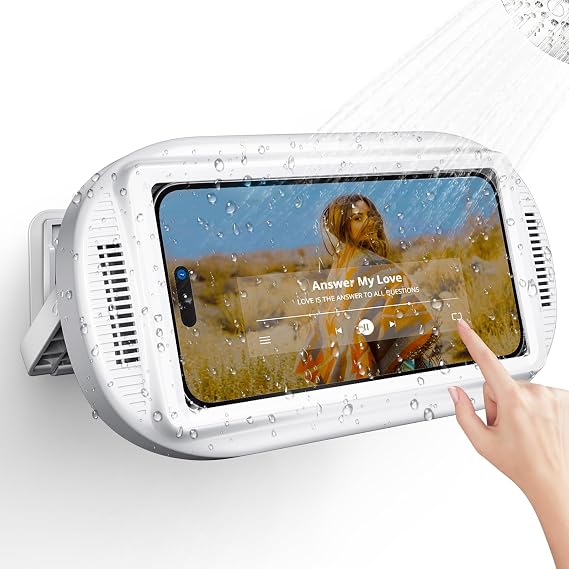 Shower Phone Holder Waterproof IPX6, Dual Speaker Vents Clear Sound | Anti-Fog, Wet-Hand HD Touch Screen, 480 Rotatable Arm, Fits Big 4-7" Phones with Cases, 4 Wall Hooks for Multi-Use