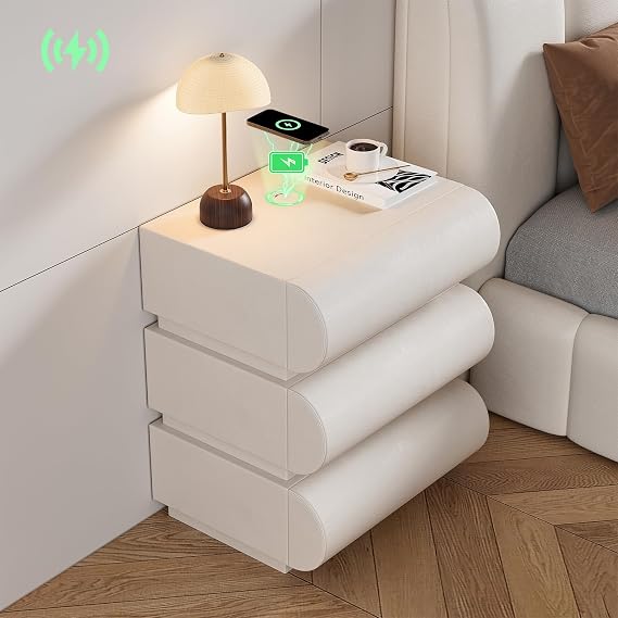homary Smart Nightstand with Wireless Charging, USB & Type-C Ports Modern Off White Faux Leather Nightstand with 3 Drawers, Bedside Table with Charging Station for Bedroom