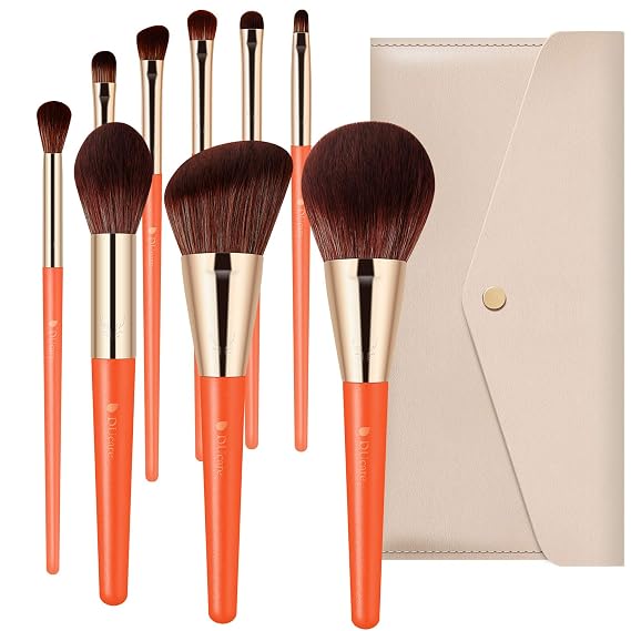 DUcare 9Pcs Vibrant Orange Makeup Brush Set with Travel Pouch Face & Eyes