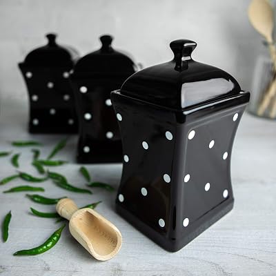 City to Cottage Black and White Polka Dot Handmade, 31.5oz900ml Ceramic Kitchen Storage Jar Set of 3, Same Size Large Canisters