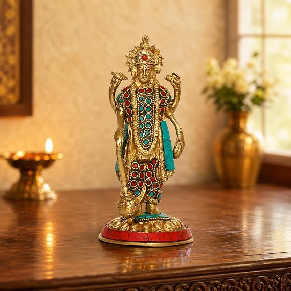 ARTVARKO Brass Narayana Murti for Home Puja Handmade Standing Vishnu Idol Showpiece Figurine Height 7 Inches