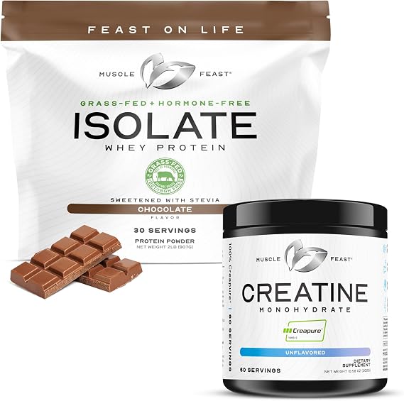 Muscle Feast Isolate + Creatine Bundle: 1 Whey Protein Isolate (Chocolate, 2lb) + 1 Creatine Powder (Unflavored, 300g) | Premium Supplements, Vegetarian, Gluten Free