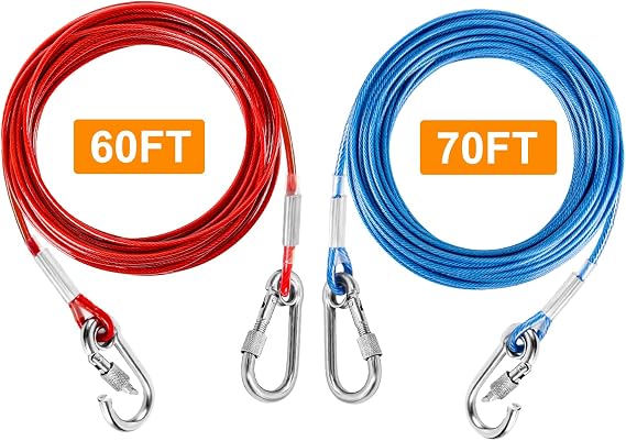 Tresbro 60FT & 70FT Reflective Dog Tie Out Cable for Dogs, Steel Wire Dog Leash Cable with Stainless Dual Fix Buckle, Lightweight and Durable, Dog Chains Outside for Outdoor,Yard,Camping