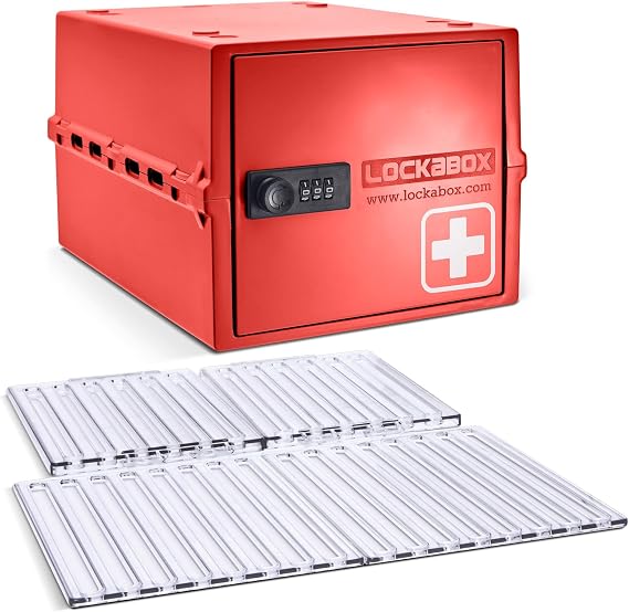 Lockabox OneTM Medi Red & Shelf Pack Bundle | Lockable Box for Food, Medicines, Tech and Home Safety with Removable Shelves and Base Inserts