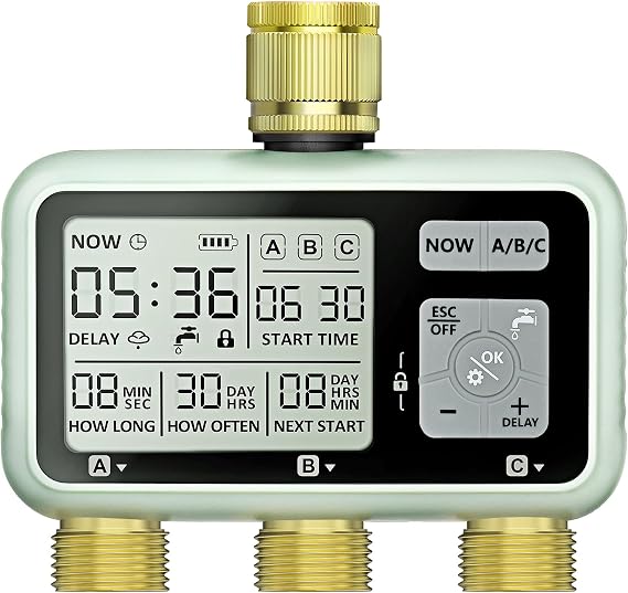 3 Way Irrigation Control Unit Brass Inlet & Outlet Digital Watering Clock with LCD Display Automatic/Manual Control Timer for Garden