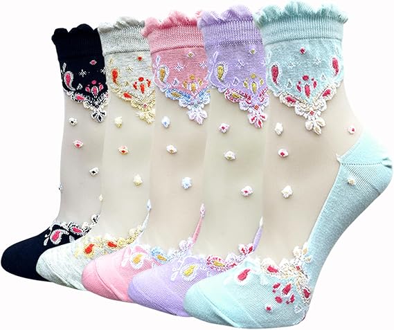 Womens Sheer Floral Ankle Socks - 5 Pairs Fancy Mesh Transparent Lace Design, Summer Breathable Dress Socks