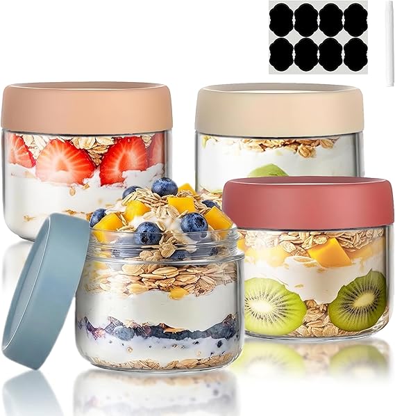 Overnight Oats Jar, 4 Pcs Glass Container with Sealed Screw Lid, 11 Oz Wide-Mouthed Sealed Food Storage Container, Mason Salad Jar is Used to Store Grains, Yogurt, Fruits, Candies, and Jams.