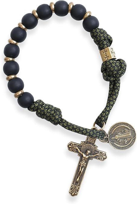 Nazareth Store NEW Antique Bronze One Decade Rosary Black Matte Beads Green Paracord Rosary Bracelet Handmade Catholic Travel Friendly Prayer