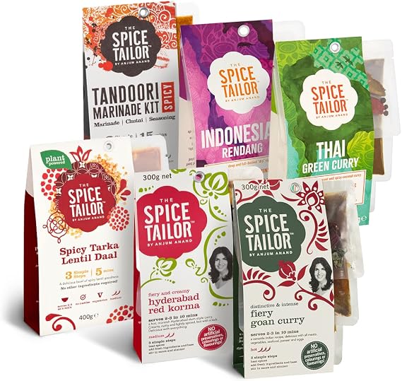 The Spice Tailor - Asian & Indian Curry Sauce Hot Variety Pack, Including Thai Green & Rendang Curries, Fiery Goan, Tandoori & Tarka Daal, Vegetarian - Chilli Heads Bundle