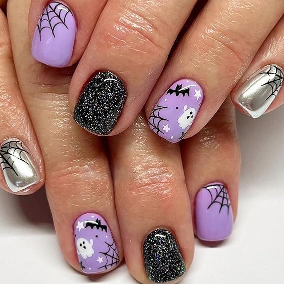 Halloween Press on Nails Short Square Fake Nails Purple Full Cover Spider Web False Nails with Little Ghost Designs Glitter Glossy Glue on Nails Cute Acrylic Nails Artificial Nails for Women Girls