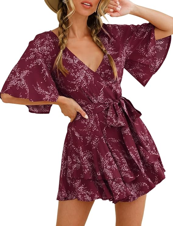 Bonkwa Women's Casual Rompers Floral Print Mid Sleeves Waist Tie Romper Ruffle Hem Deep V-Neck Short Jumpsuits for Summer