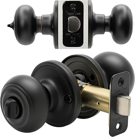 Copper Creek Colonial Privacy Interior Door Knob ANSI Grade-3 Certified, Modern Heavy Duty Handle, Easy Install and Reversible for Bedroom, Bathroom and Closets Matte Black 1 Pack