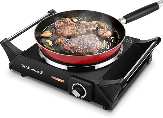 Techwood Hot Plate Portable Electric Stove 1500W Countertop Single Burner with Adjustable Temperature & Stay Cool Handles, 7.3 Cooktop for Dorm Office/Home/Camp, Compatible for All Cookwares