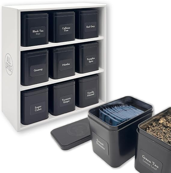 AllSpice Tea Organizer Rack with 9 Tins & 160 Magnetic Labels Perfect for Bagged & Loose Leaf Tea Organization - White