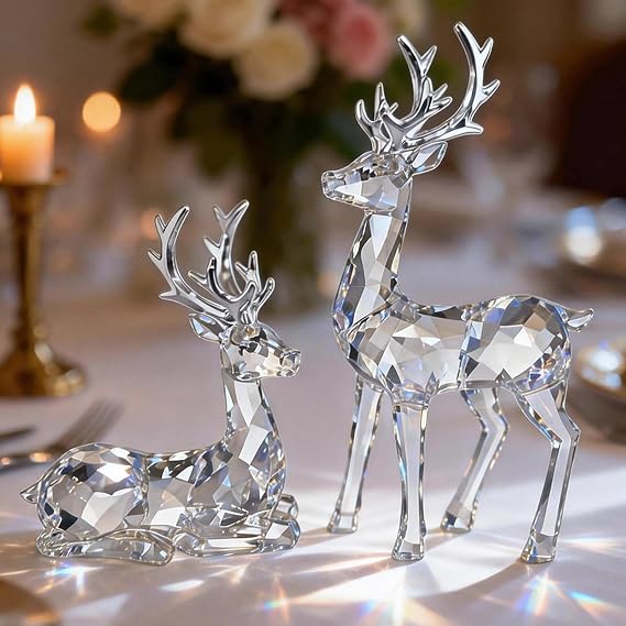 Christmas Decorations, Reindeer Figurines Set of 2 - Resin Deer Statues for Xmas Tabletop, Fireplace Mantel, Shelf Decor | Holiday Home Décor Ornaments & Gifts