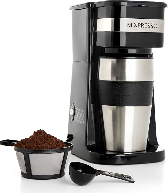 Mixpresso Single Serve & Single Cup Coffee Maker with 14oz Travel Mug Black